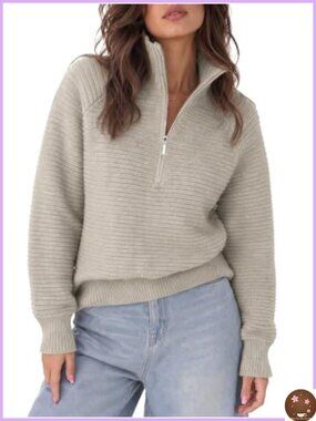 Womens Oversized Quarter Zip Knit Pullover Sweater Stand Collar Long Sleeve